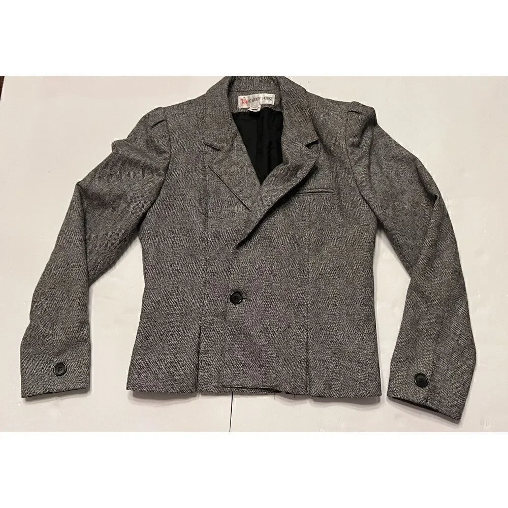 PEABODY HOUSE Blazer Jacket Womens Jrs Sz 7/8 Herringbone‎ Tweed Black Gray Vtg